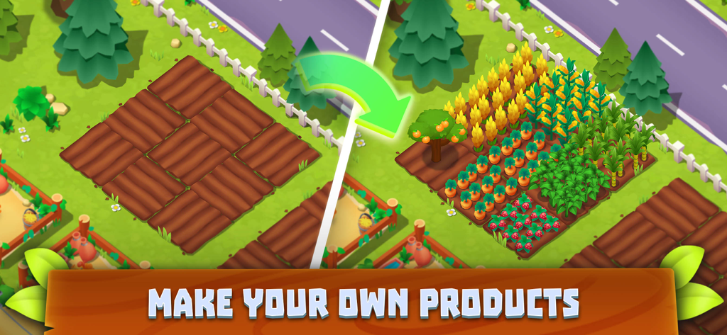 Supermarket Village—Farm Town - A split screen showing empty farm plots transforming into various growing crops like wheat and carrots in Supermarket Village