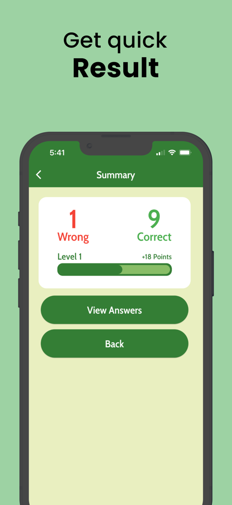 Maths Tables 1 to 100 and Quiz - A mobile app screen displaying a math quiz summary with total correct and wrong answers, points earned, and a progress bar.