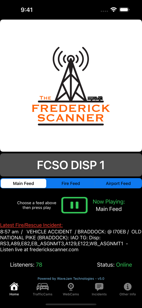 FredScanner Pro app interface showing live scanner feeds and incident reports for Frederick Maryland