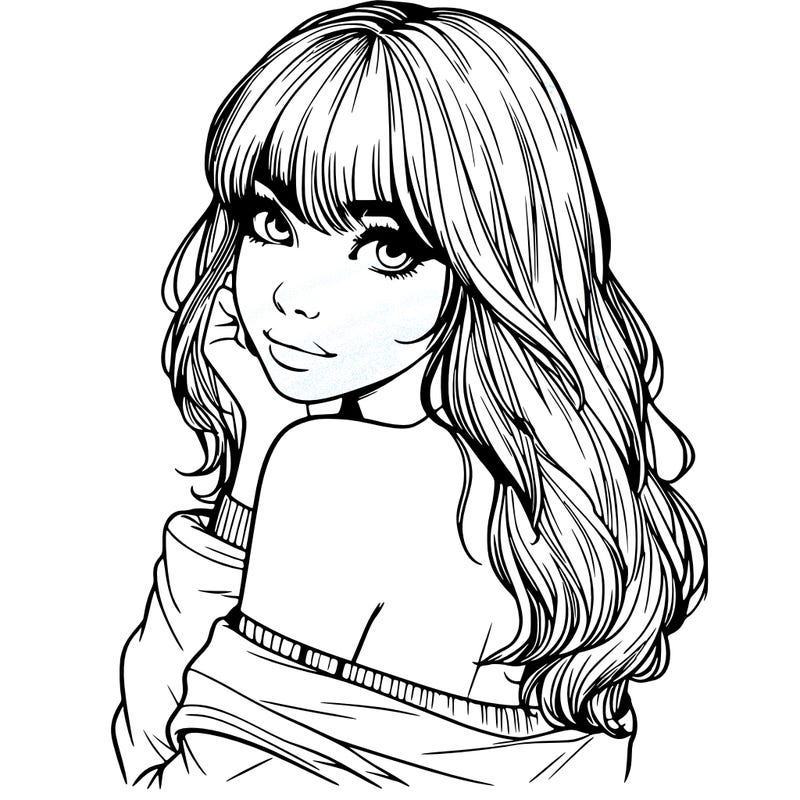 realistic girl with bangs looking over her shoulder