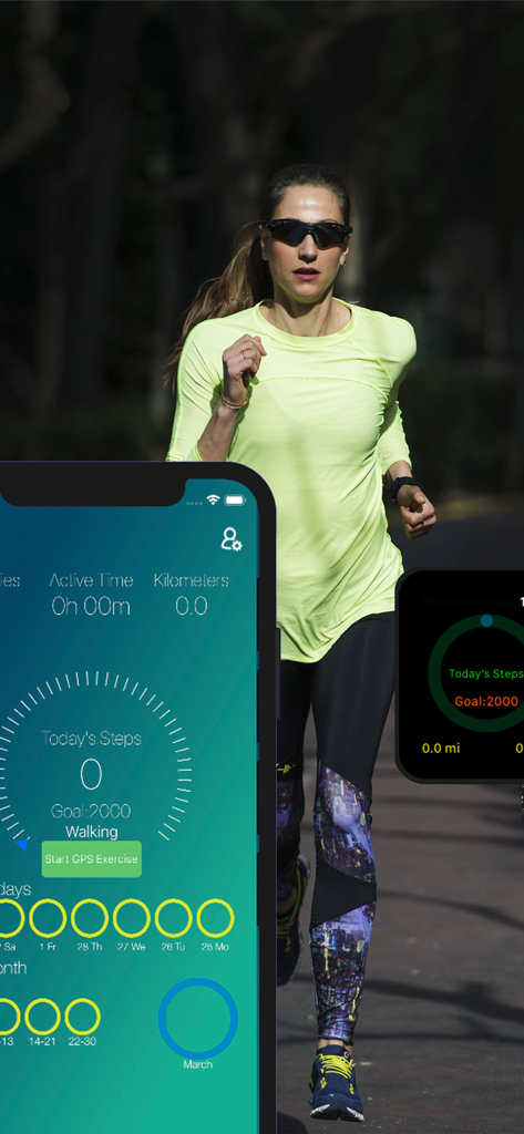 Una mujer corriendo al aire libre con la interfaz de la aplicación Podómetro mostrando pasos y objetivos en un iPhone y Apple Watch