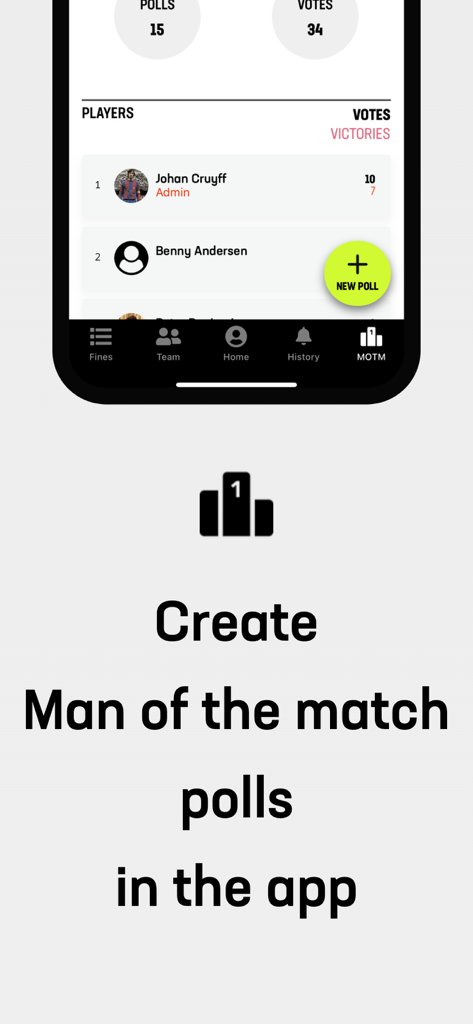 Teambox - Teamboxアプリの画面。選手ランキングと、新しいマン・オブ・ザ・マッチ投票を作成するボタンを表示