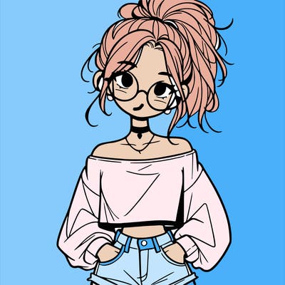 girl with a messy ponytail glasses a baggy crop top and jean shorts
