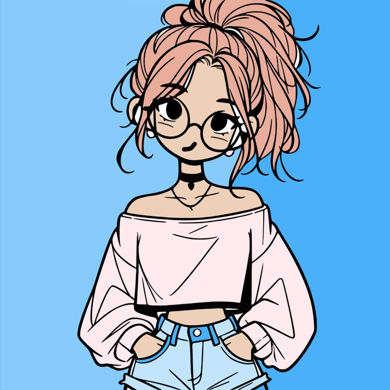 girl with a messy ponytail glasses a baggy crop top and jean shorts