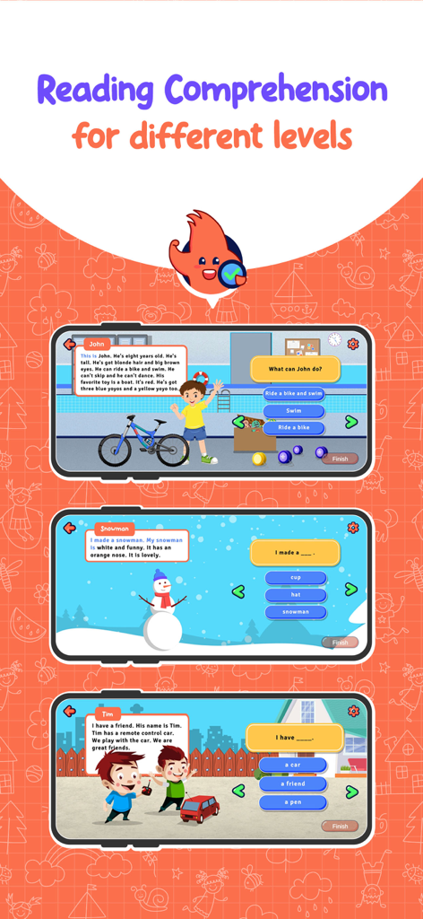 English reading comprehension exercises for children showing multiple choice questions and stories across different levels.