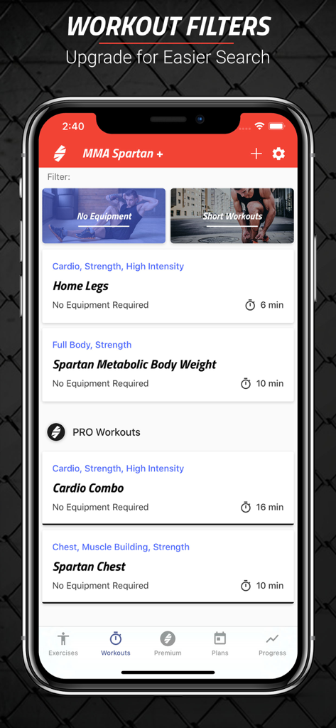 Interface of the MMA Spartan Workouts Pro app showing workout filters and a list of training programs like Home Legs and Spartan Chest