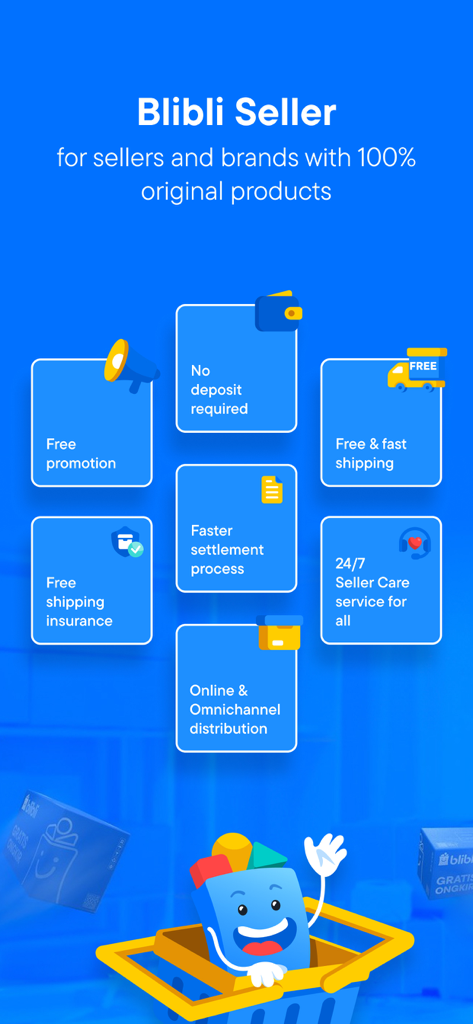 Blibli Seller Center - A summary of merchant benefits in the Blibli Seller Center app including free promotion and 24/7 seller care