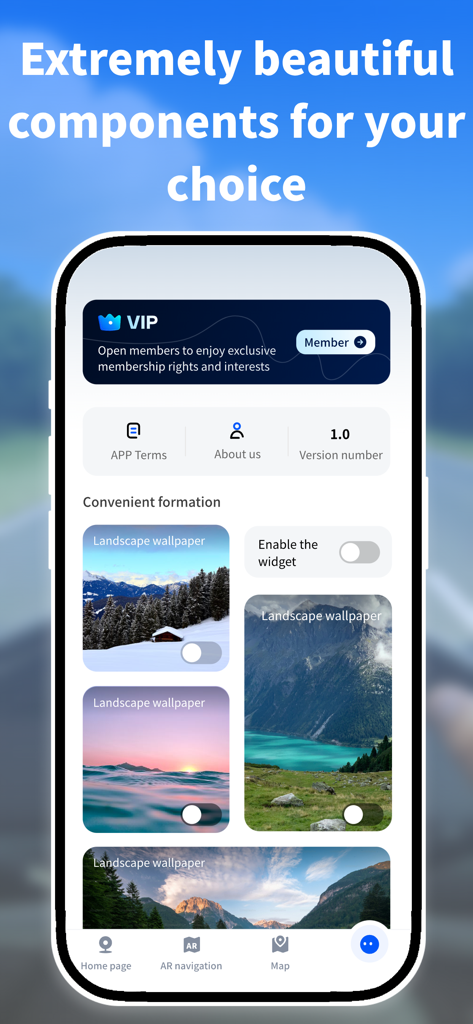 AR Maps Travel & Navigate - Oberfläche der AR Maps Travel und Navigate App, die ein VIP-Mitgliedschaftsbanner und Widget-Anpassungen mit Landschaftstapeten zeigt