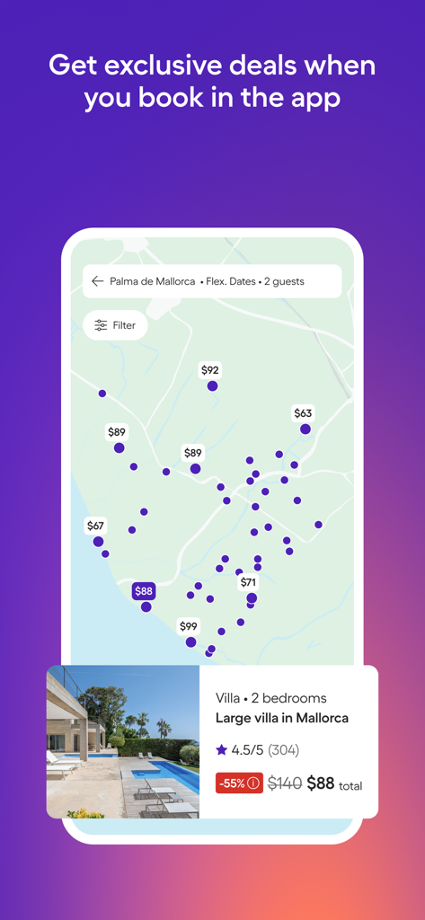 Vista de mapa de la aplicación HomeToGo que muestra los precios de alquileres vacacionales y una oferta de villa con descuento en Mallorca