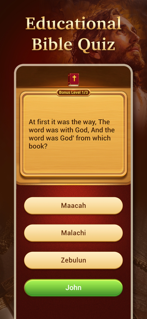 An educational Bible quiz level with a multiple choice question about a scripture verse.