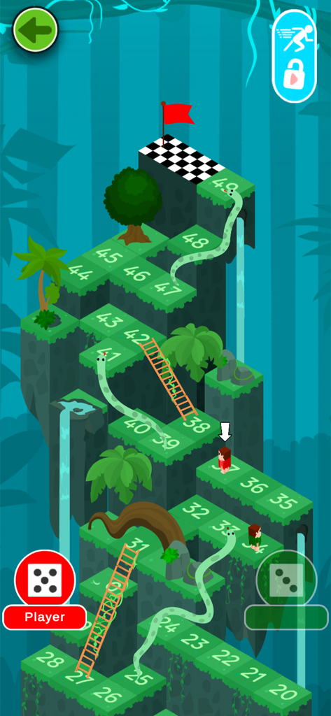 A 3D jungle themed game board from Snakes and Ladders Multiplayer featuring ladders and snakes