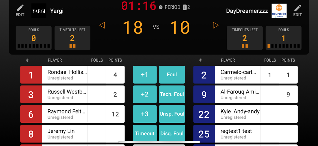 Courtside by SportsTG - Live basketball game scoring interface showing team scores fouls and player statistics on the Courtside app