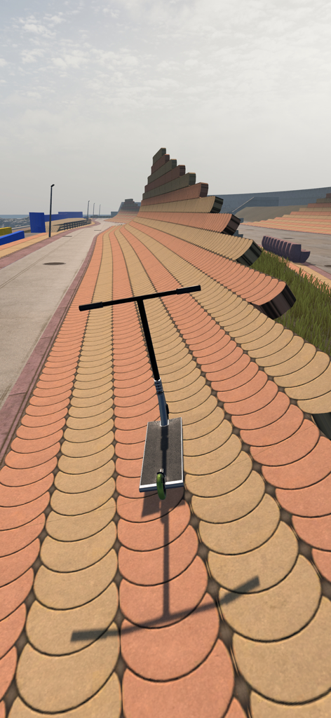 A stunt scooter in a large open world skatepark with orange tiled ramps