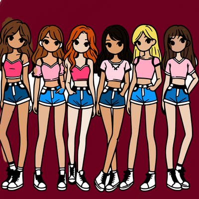 a group of girls wearing crop tops and shorts