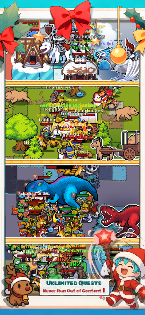 Treasure Hunter - Survival - A compilation of pixel art gameplay scenes from Treasure Hunter Survival featuring raids, exploration, and mounts.