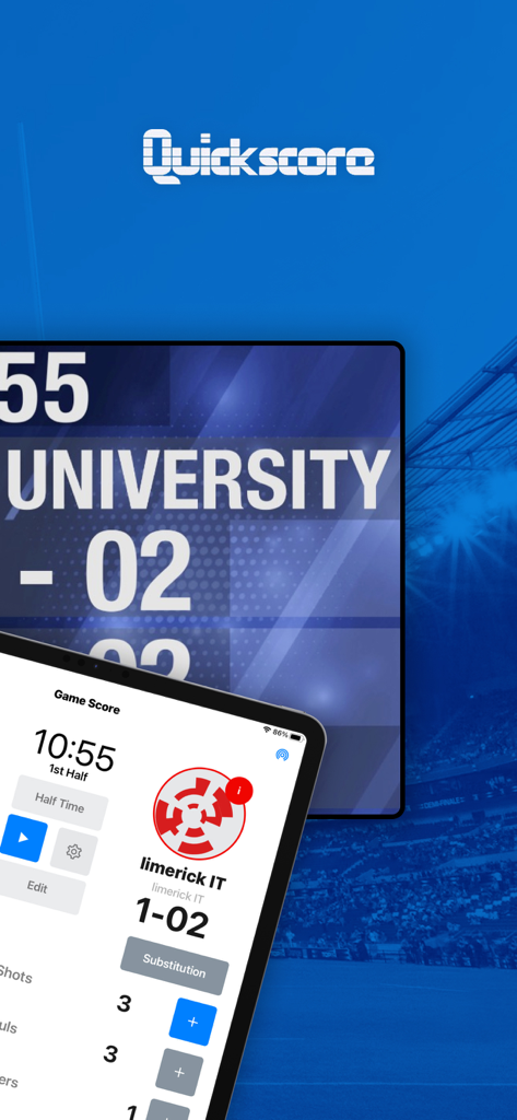 QS GAA - QS GAA app interface for live Gaelic Football match scoring and scoreboard management