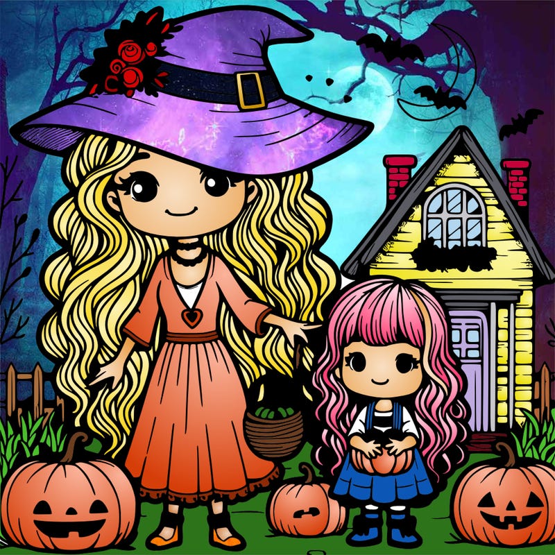 mother witch with curly hair and daughter with long straight hair with bangs. cottage and pumpkins in the background.