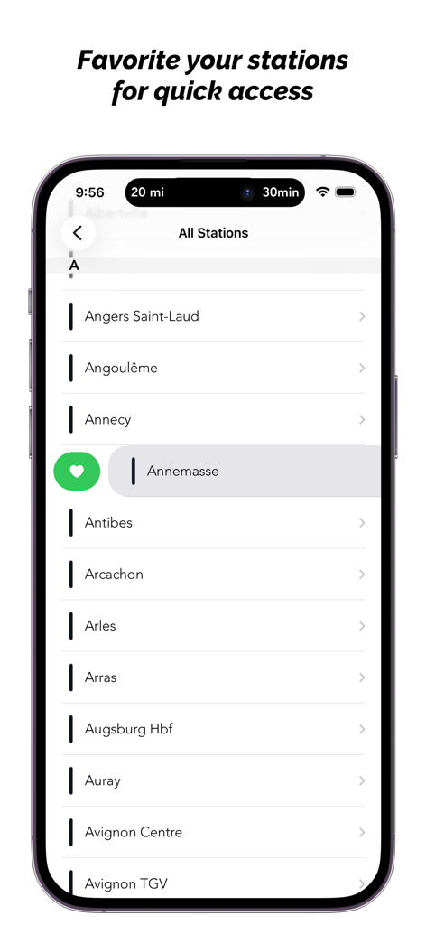 SNCF TGV Destinations - SNCF TGV Destinations app interface showing a list of train stations with a feature to favorite them for quick access.