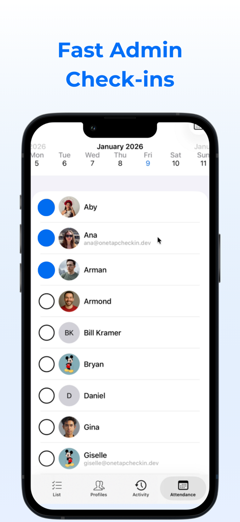 OneTap Check-In - Mobile app interface of OneTap Check-In showing an administrator managing attendance for a list of people.