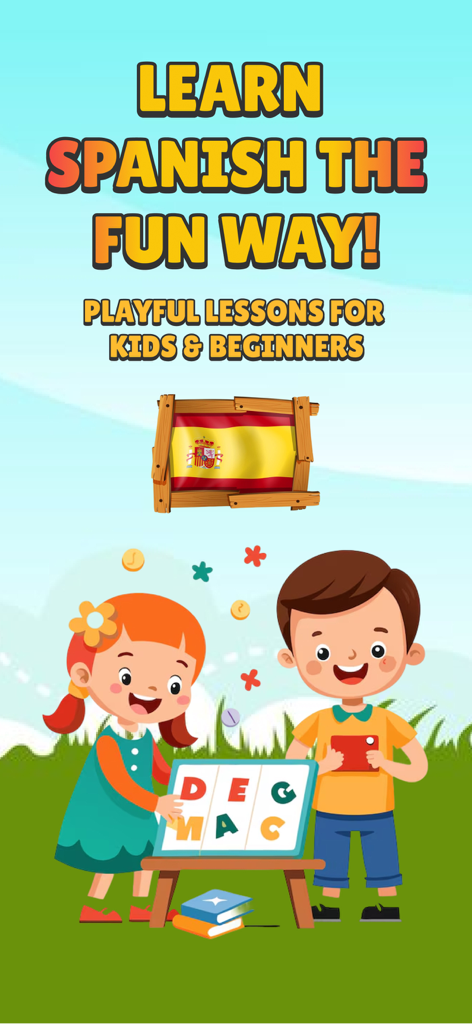 Spanish for Kids and Beginners - Cartoon illustration of children learning Spanish with the text Learn Spanish the Fun Way and the Spanish flag