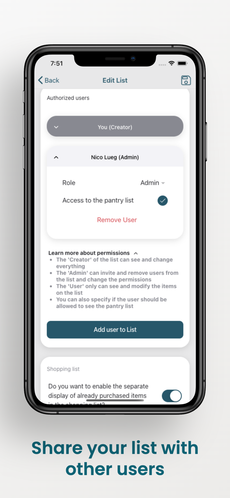 Pantrist - Shopping & Pantry - Smartphone screen of Pantrist app showing the user management interface for sharing lists and setting roles like Admin or Creator.