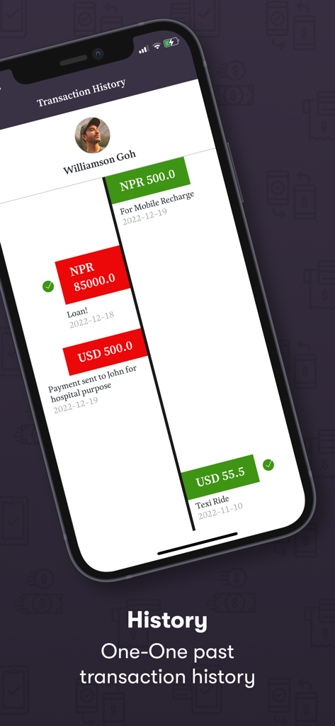 IOU-Money - Tela de histórico de transações no aplicativo IOU-Money mostrando dívidas e créditos passados com suporte a várias moedas