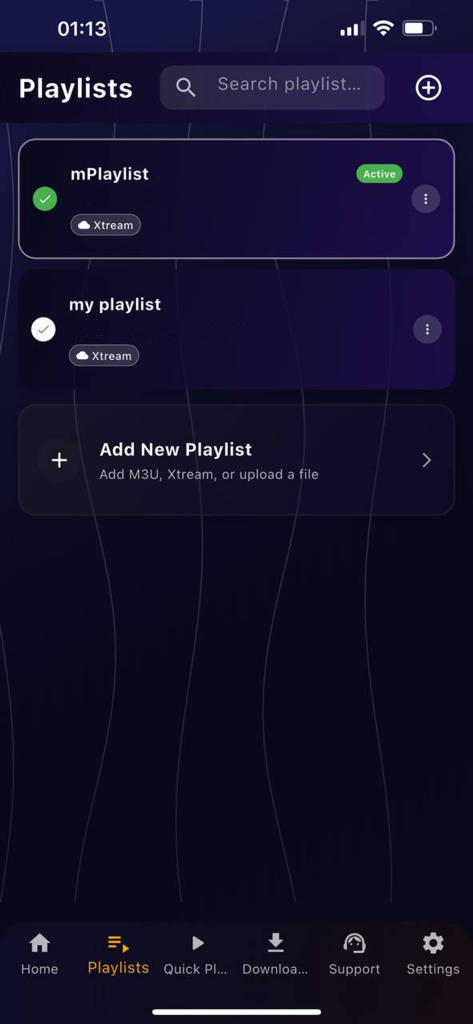 Pantalla de gestión de listas en la aplicación GSE IPTV Player Smarters Pro mostrando listas M3U y Xtream activas.