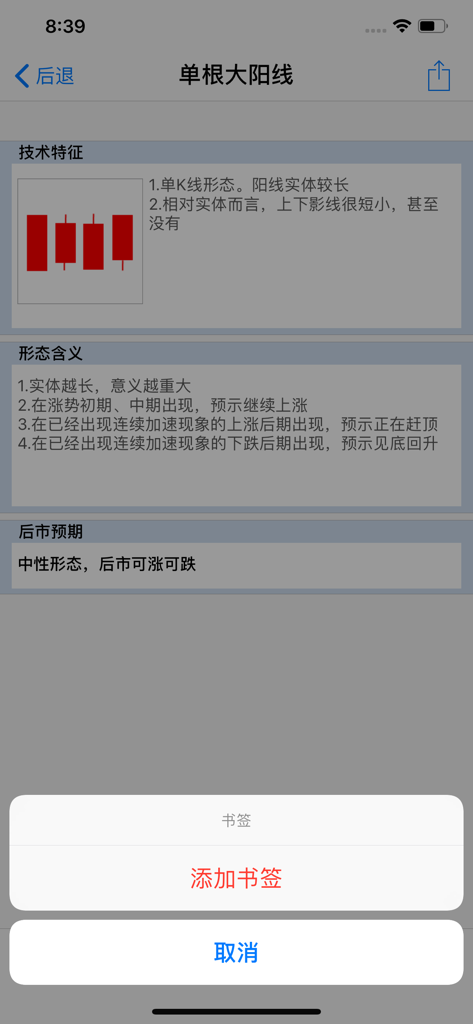 K线制胜 - Mobile app screen showing technical analysis for a bullish candlestick pattern with a bookmark popup.