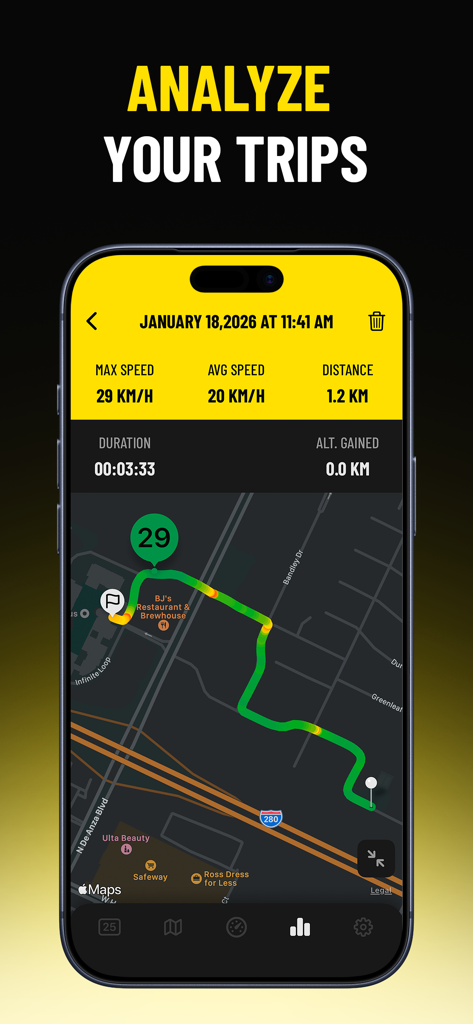 Speedometer: GPS Tracker - Pantalla de la aplicación Speedometer que muestra el análisis del viaje con estadísticas de velocidad y una ruta codificada por colores en un mapa.
