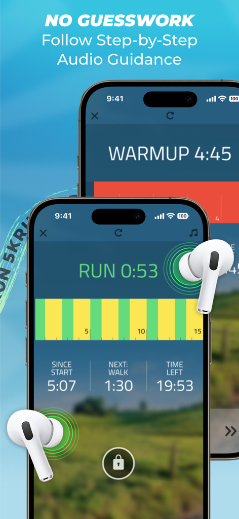 5K Runner: couch potato to 5K - Interface de l'application 5K Runner montrant des instructions audio étape par étape et un entraînement par intervalles sur un smartphone.