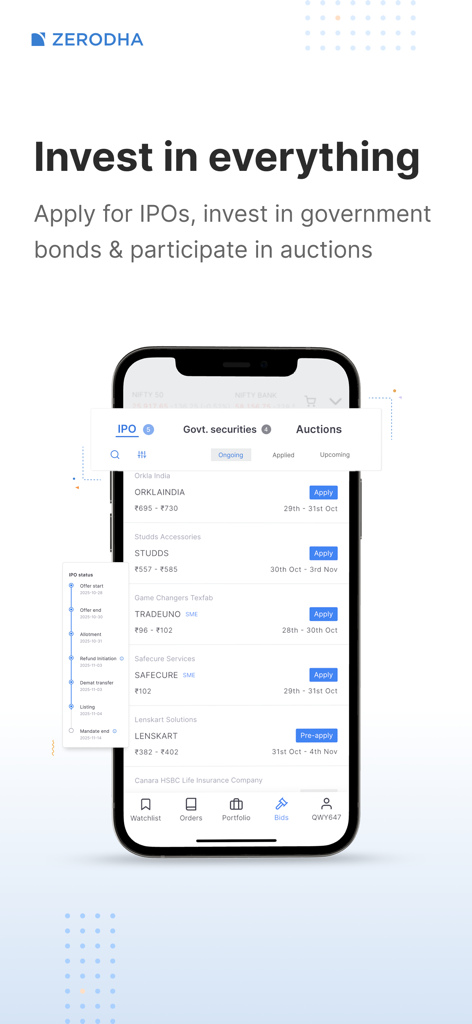 Zerodha Kite mobile app screen showing the interface for applying to IPOs and government bonds.