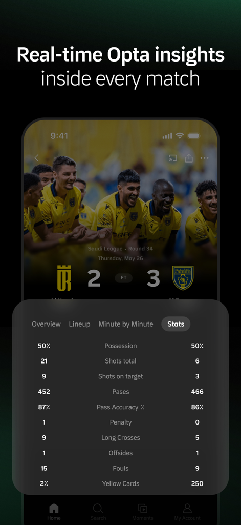 Thmanyah app display showing real-time football match statistics and Opta insights