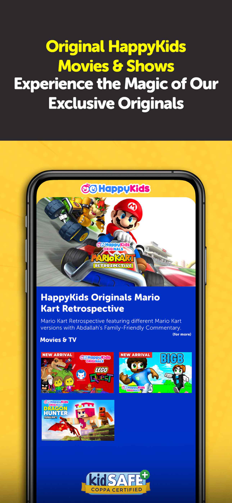 Interfaz de la aplicación HappyKids que muestra películas y programas originales y la insignia certificada KidSAFE COPPA