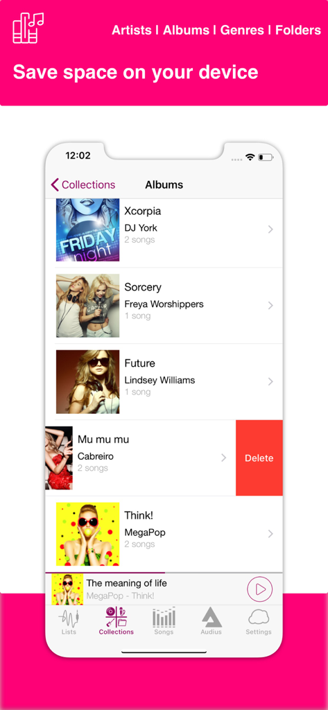 Cloud Music - Stream & Offline - Interface of Cloud Music app showing a list of albums and the option to delete songs to save space on the device