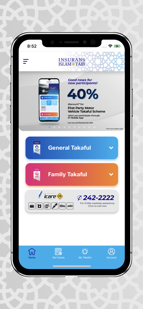Insurans Islam TAIB app home screen showing General and Family Takaful options and roadside assistance