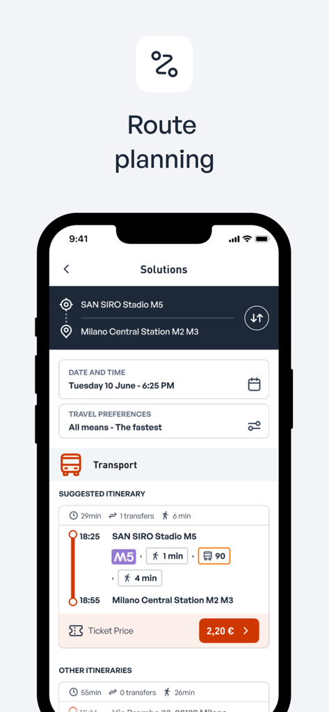 ATM Milano Official App - Interfaz de la app móvil ATM Milano que muestra la planificación de rutas de transporte público y los precios de los billetes