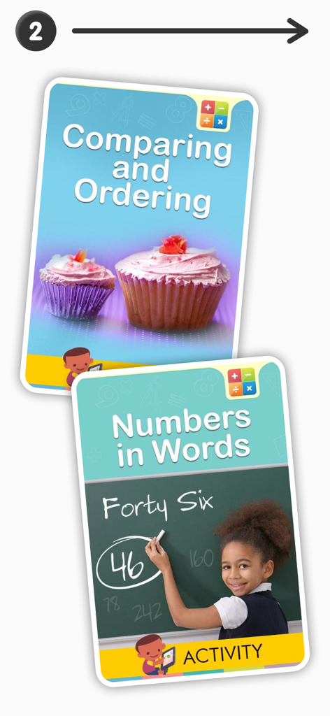 Two educational activity cards from the app covering comparing numbers and numbers in words for second grade