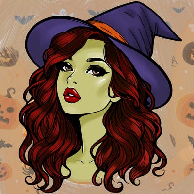 realistic witch girl with wavy hair and lips