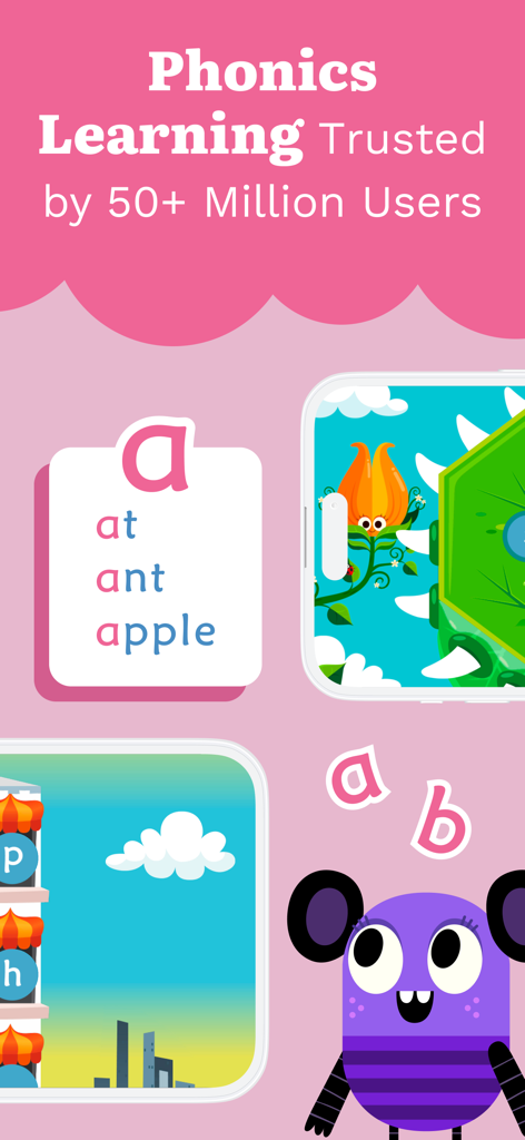 Teach Your Monster to Read - Una captura de pantalla promocional de la aplicación Teach Your Monster to Read que muestra lecciones de fonética y juegos de lectura interactivos para niños.