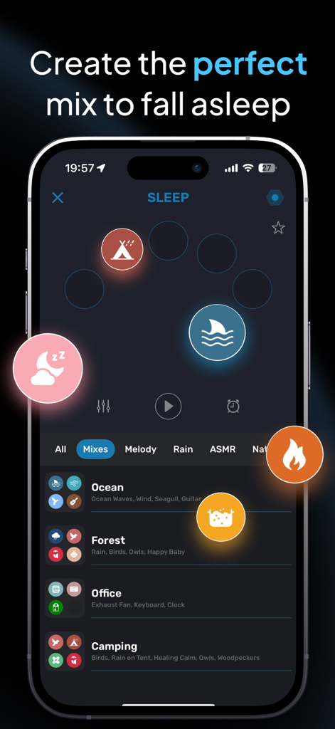 SoundBase ° Music Hearmark - Interfaz de la app SoundBase para crear mezclas de sonido personalizadas para dormir con opciones de naturaleza y ambiente