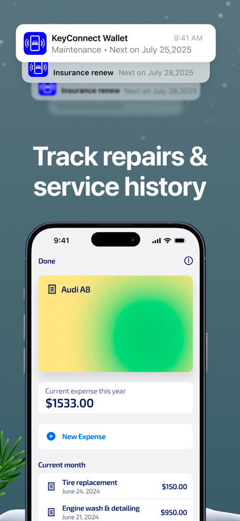 KeyConnect app screen showing car maintenance notifications and vehicle expense tracking for an Audi A8