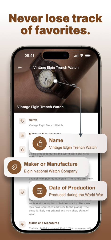 A mobile screen from the Vintage ID app displaying detailed information for a Vintage Elgin Trench Watch including its maker and production date.