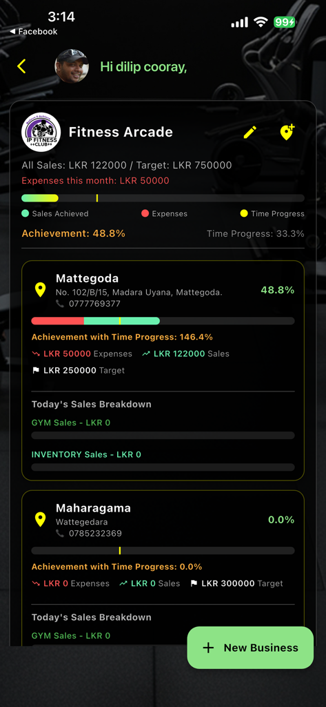 Gym Master mobile app dashboard showing financial analytics and multi-branch sales tracking