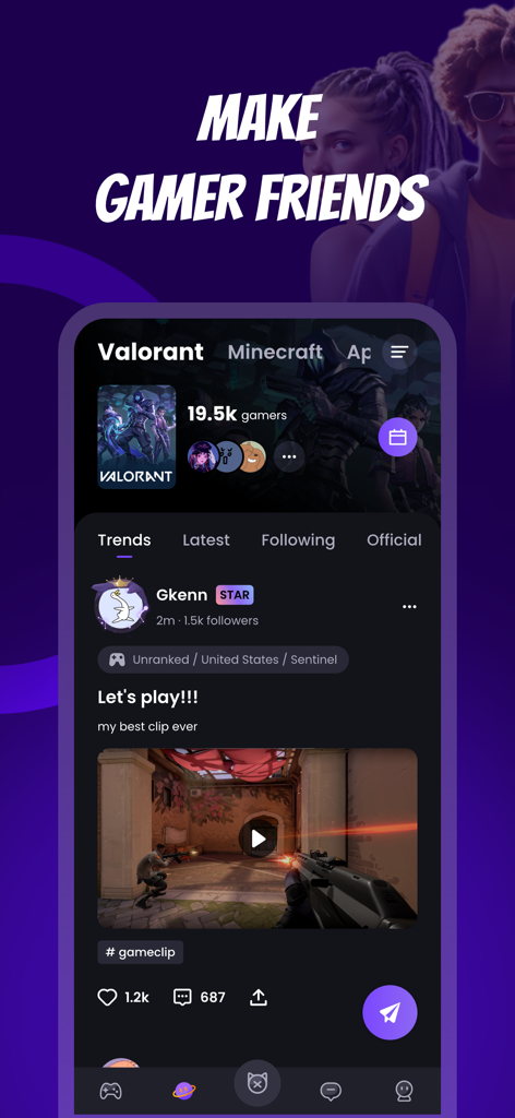 E-Pal: Your Kind Teammates - E-Pal app interface showing Valorant community feed with user posts and game clips