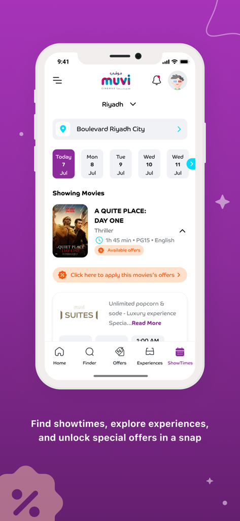 Mobile app interface for muvi Cinemas showing movie showtimes and booking options for A Quiet Place Day One in Riyadh