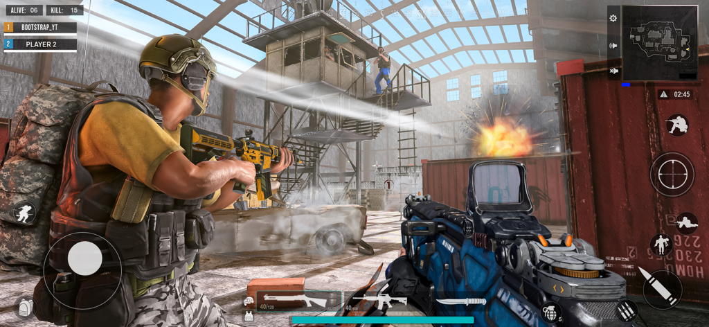 Jugabilidad de FPS Commando mostrando disparos tácticos en primera persona en una arena industrial de almacén