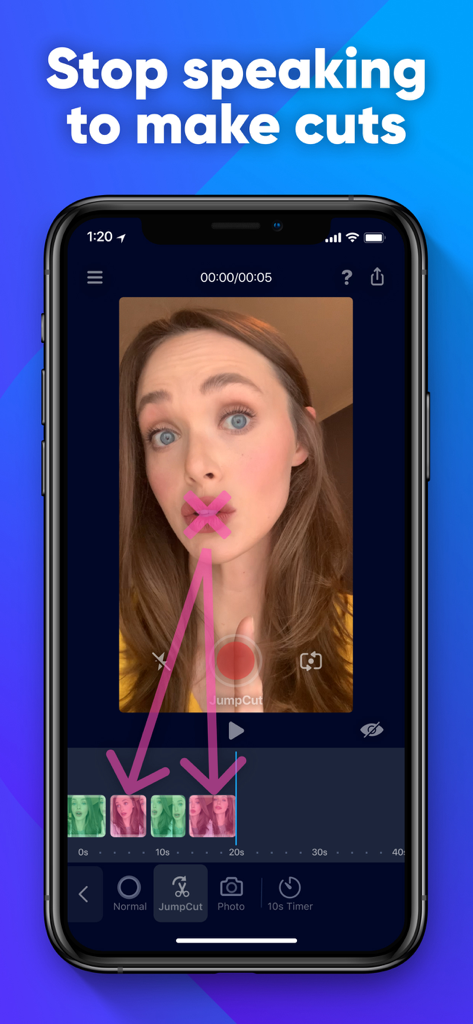 VideoEasy app demonstrating AI Jumpcut feature to automatically edit out silences in a talking head video