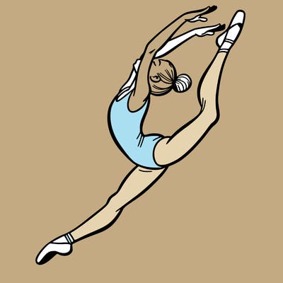 gymnast doing a leap in a leotard with a bent back leg