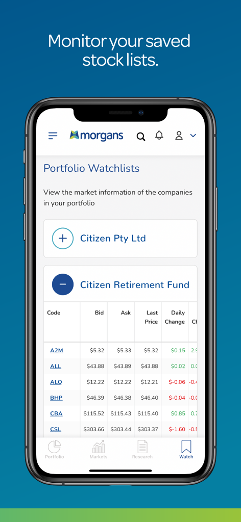 Morgans Financial Limited - Morgans Financial mobile app showing a stock portfolio watchlist with market data and price changes