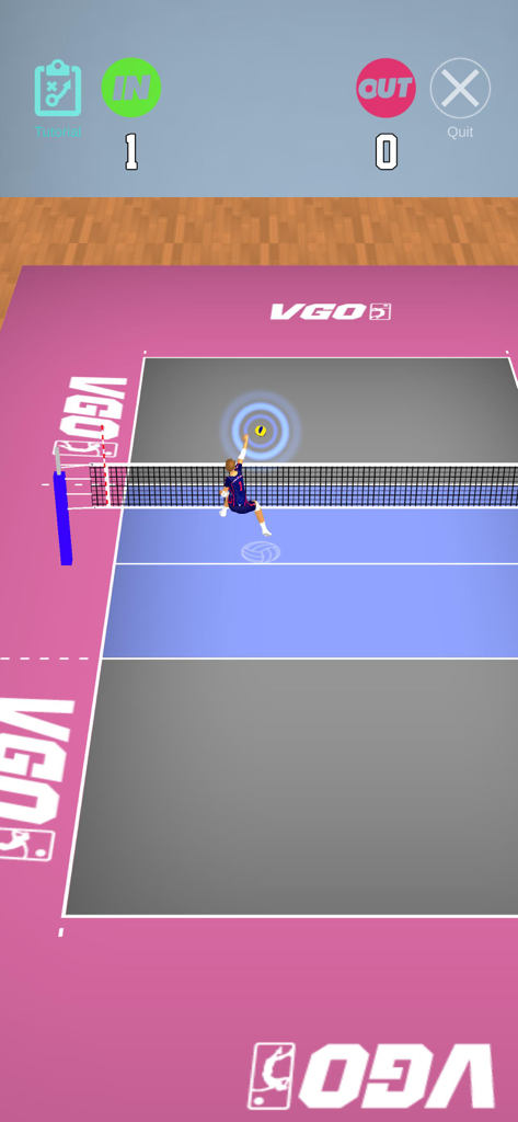 VGO2 - A player jumping to spike the ball on a 3D volleyball court in the VGO2 mobile game